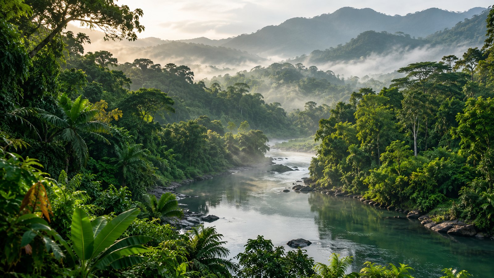 Ilustración con IA de un río entre la niebla y colinas verdes inspiradas en Honduras