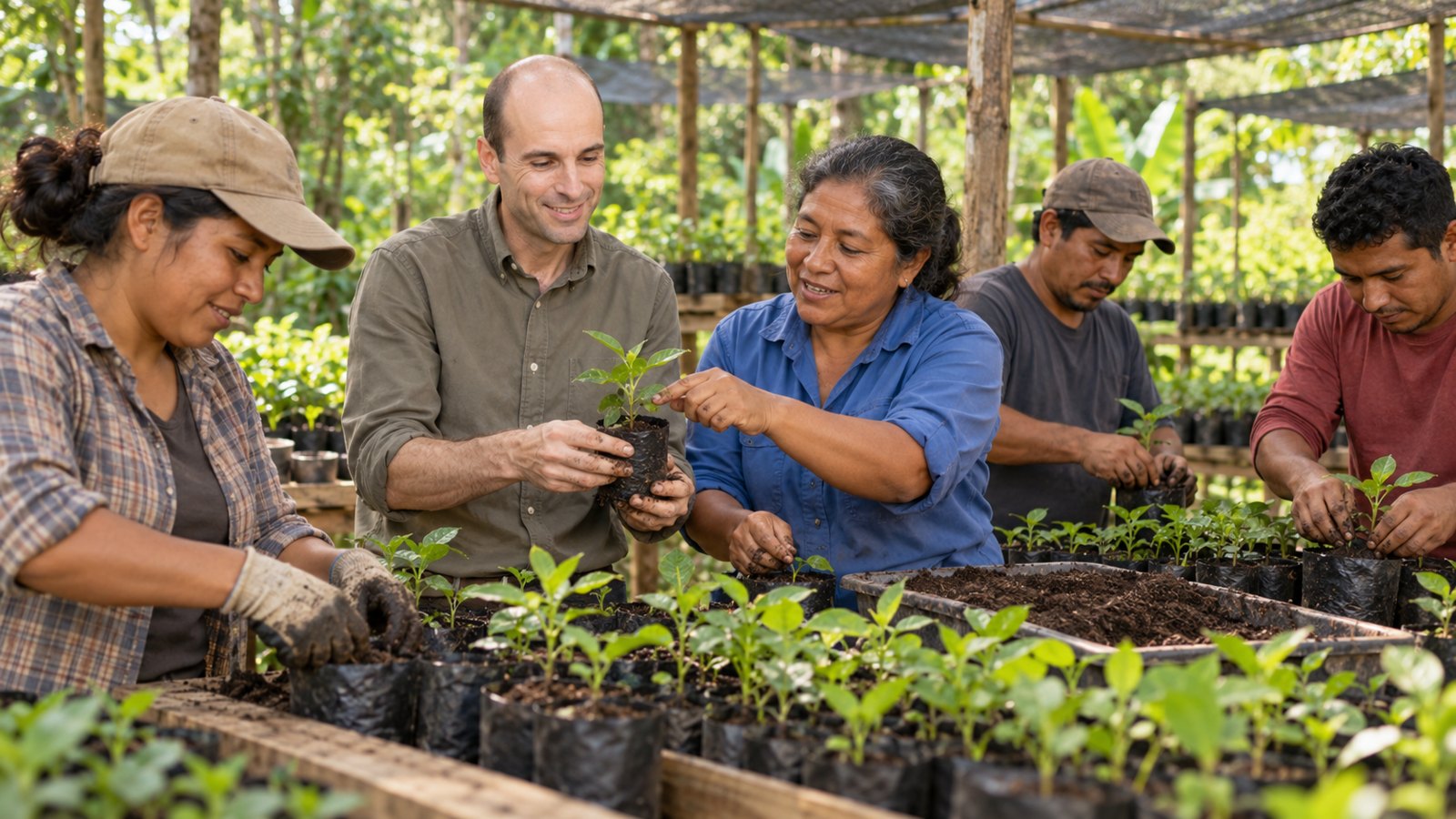 Ilustración con IA de Gustavo Woltmann trabajando con Rosa Aguilar y voluntarios adultos en un vivero comunitario